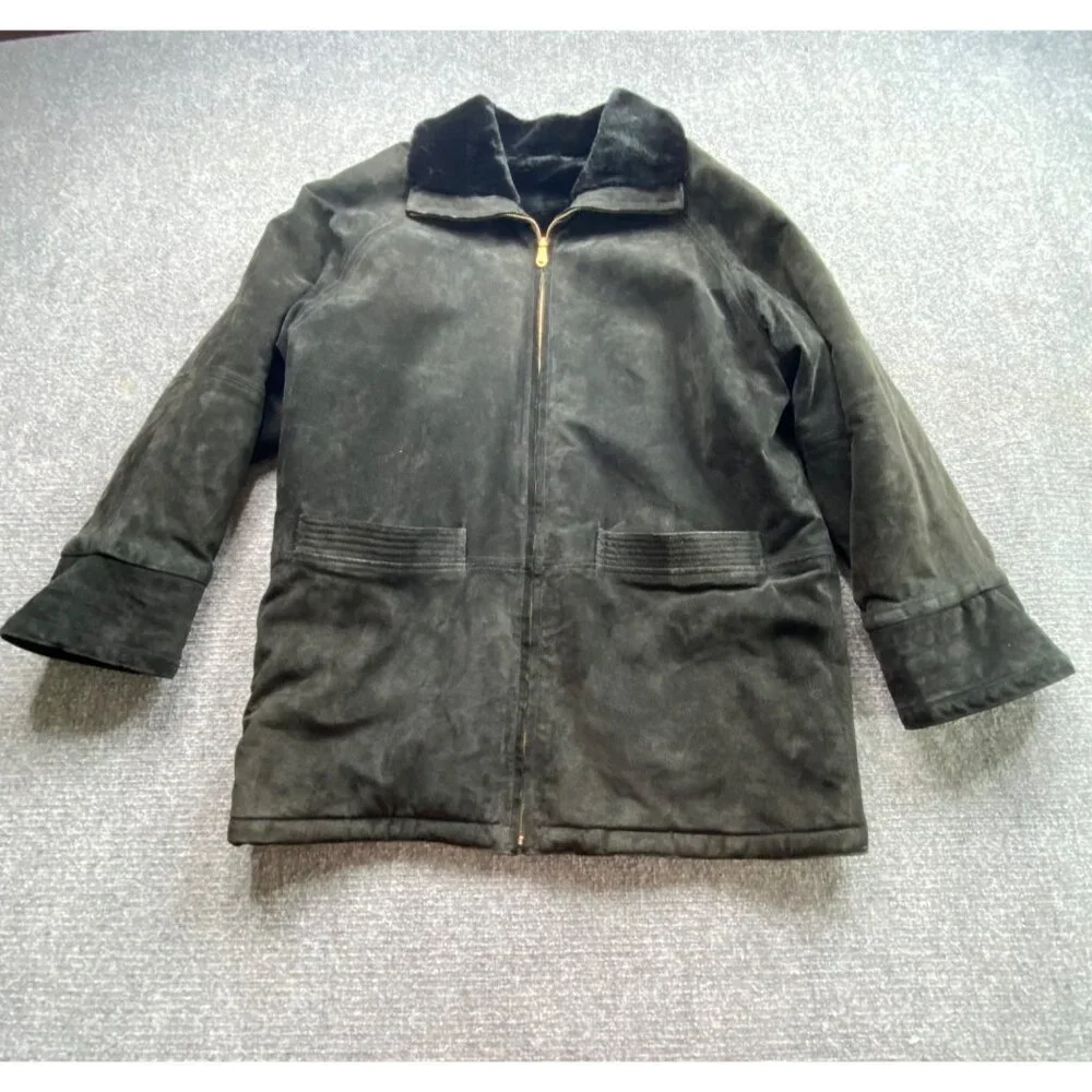 Vintage JLC Reversible Coat Womens L Black Suede Leather Faux Fur Zip Grunge Y2K